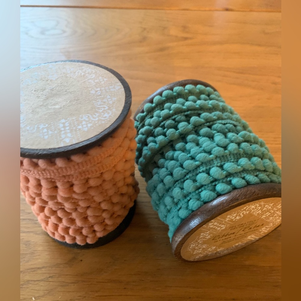Decorative Ribbon - 20 yards Pom pom Ribbon Blush and Blue Green